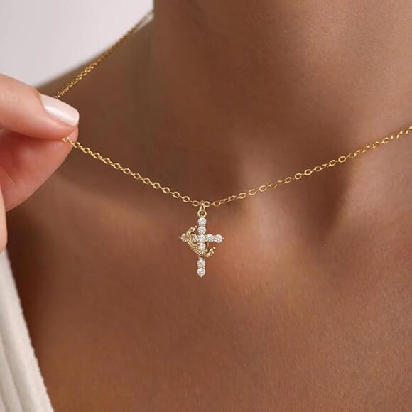 Neiman Marcus 14K Gold Plated Crown Cross Pendant Necklace - Picture 1 of 5